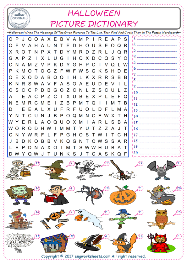  For kids, check the picture of Halloween find, and write the word and find it in the word puzzle ESL printable worksheet. 